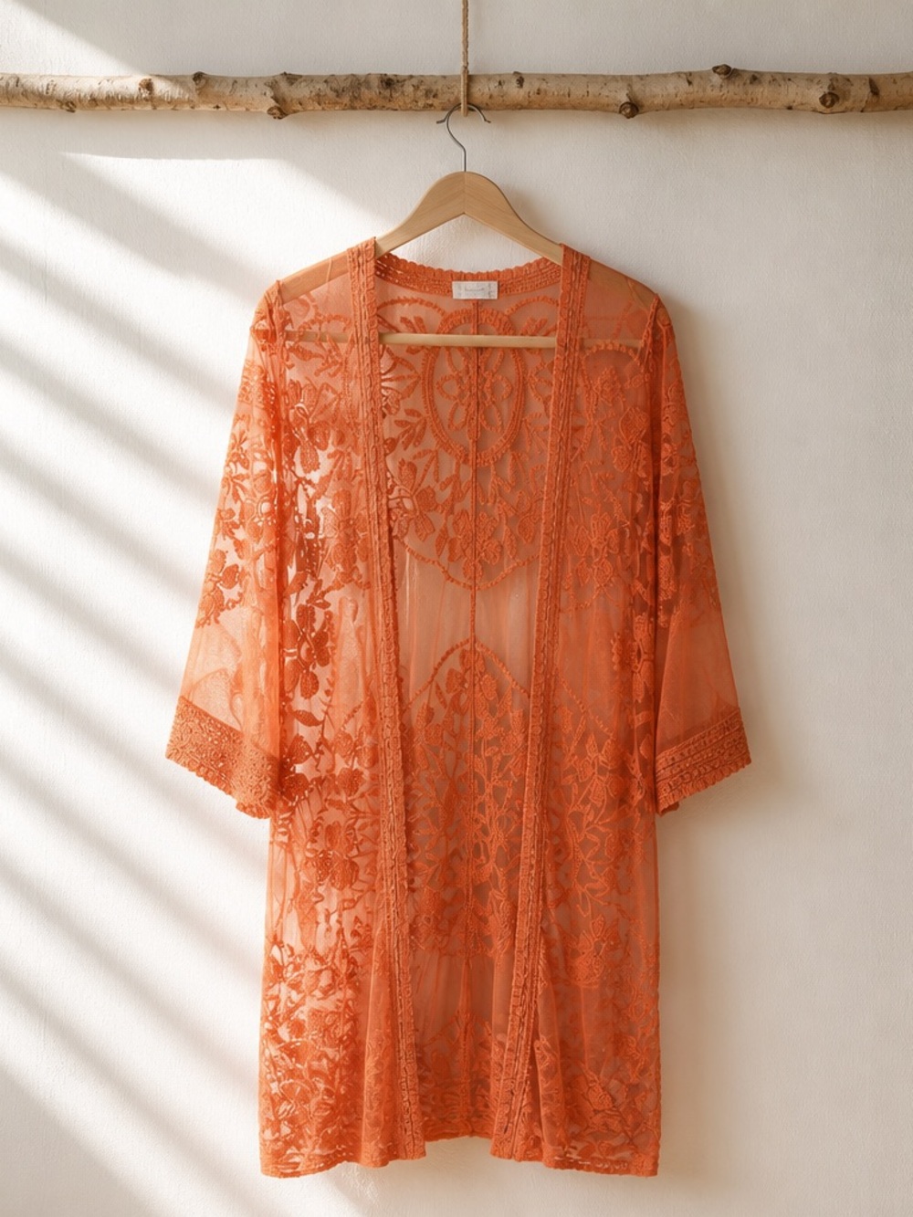 Altar’d State Coral Lace Mesh Kimono Cardigan Boho Festival Beach Cover Up Sz L